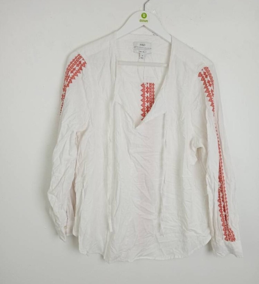 M&s Marks & Spencer Linen Blend Embroidered Blouse White Size: 18
