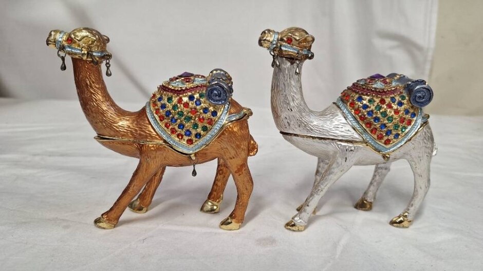 Pair Of Decorative Metal Camel Trinket Boxes H 11cm Preowned 1x Silver Colour 1 X Orange Colour