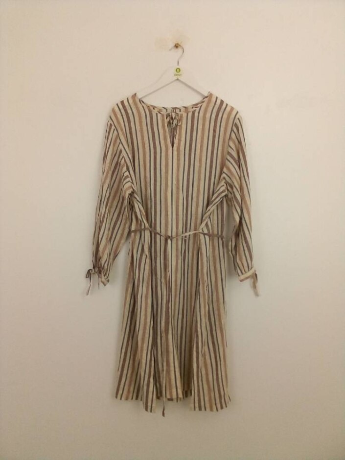 M&s Short Linen  Long Sleeve Striped Dress Beige Mix Size: 20