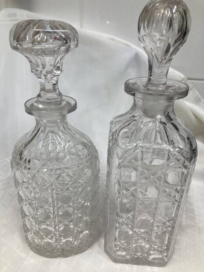 Pair Of Antique Edwardian Cut Glass Decanters