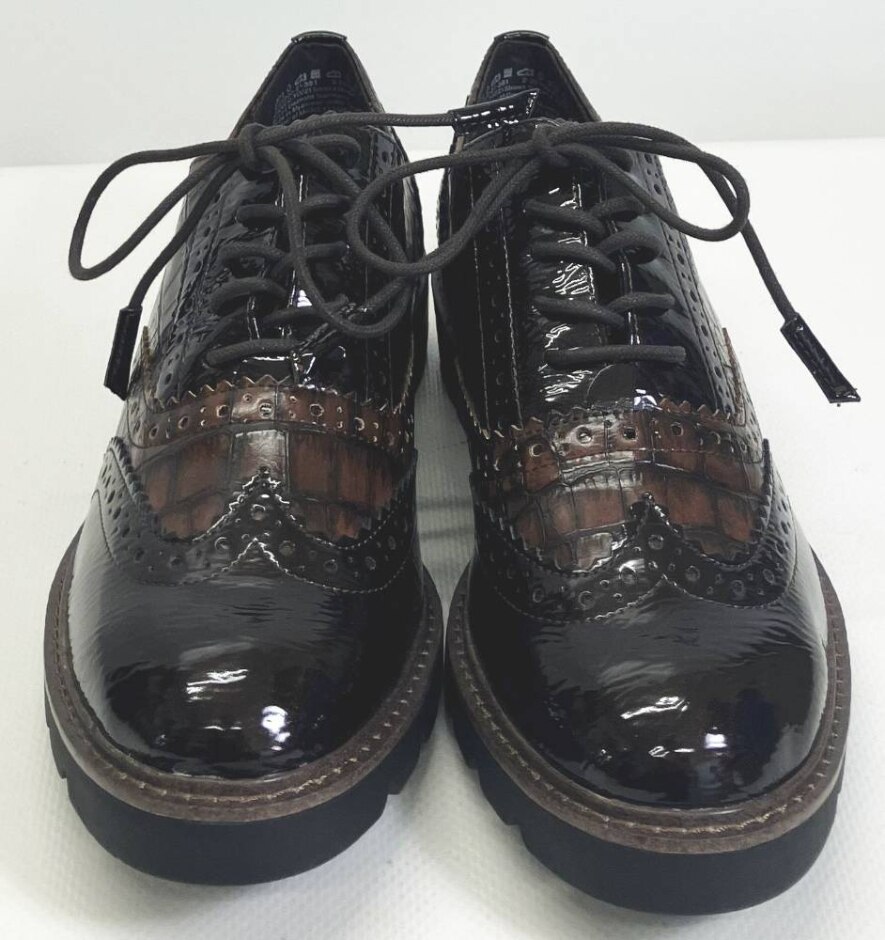 As New Marco Tozzi Brown Faux Patent Leather Brogues Size 5.5