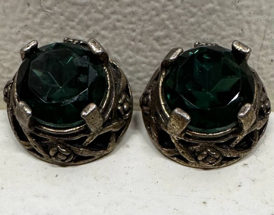 Vintage Scottish Faux Emerald Earrings Encased In A Metal Celtic Design Formerly Clip On's