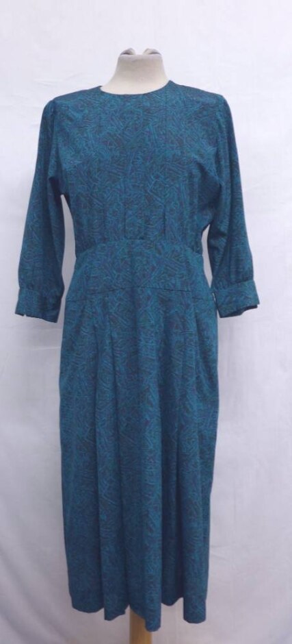 Vintage Geometric Pleated Dress Aquamarine Size: M