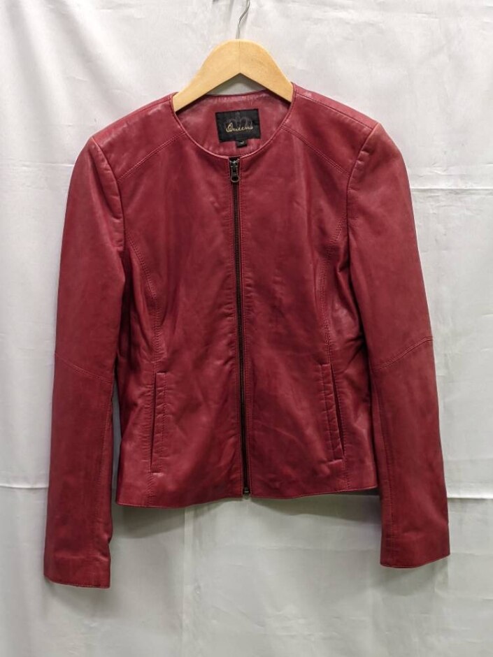 Queens Collarless Leather Jacket Red Size: 10