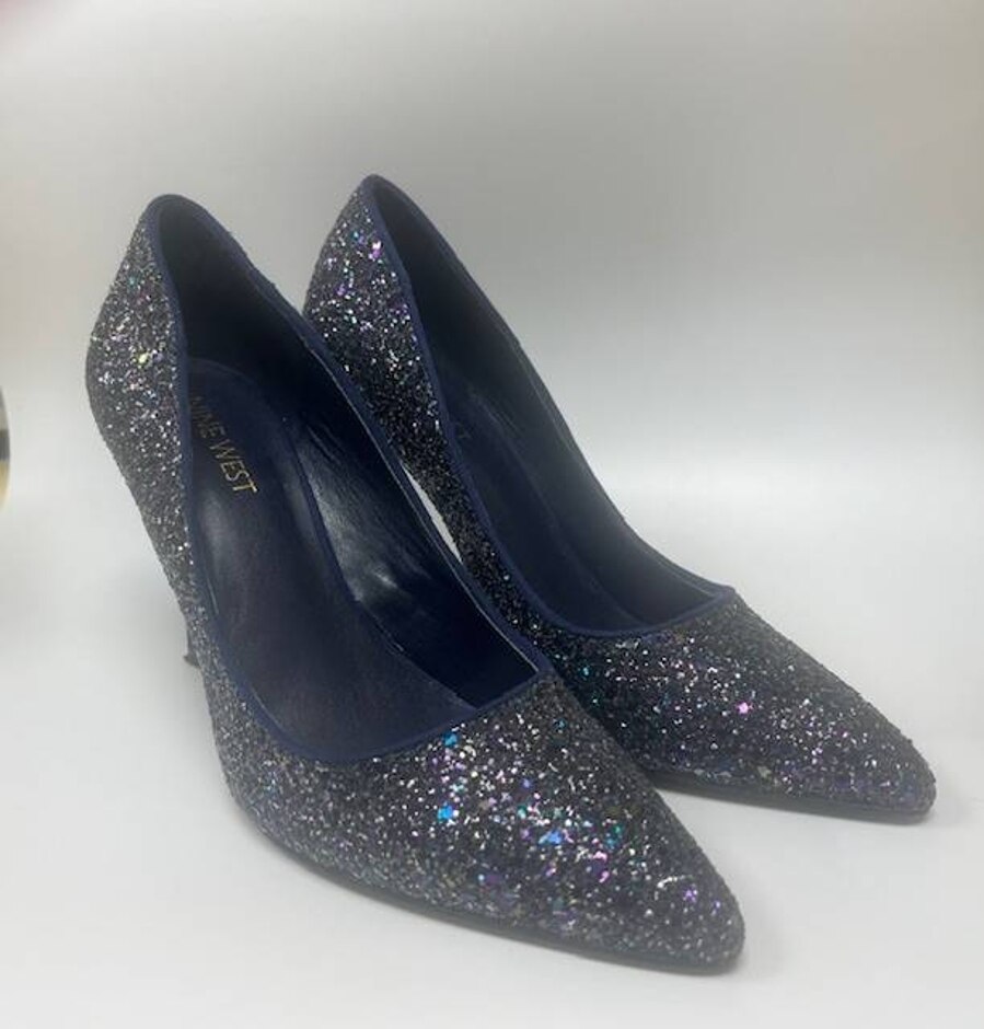 Nine West Flagship Ladies Navy Synthetic Glitter Mid Heel Courts Shoes