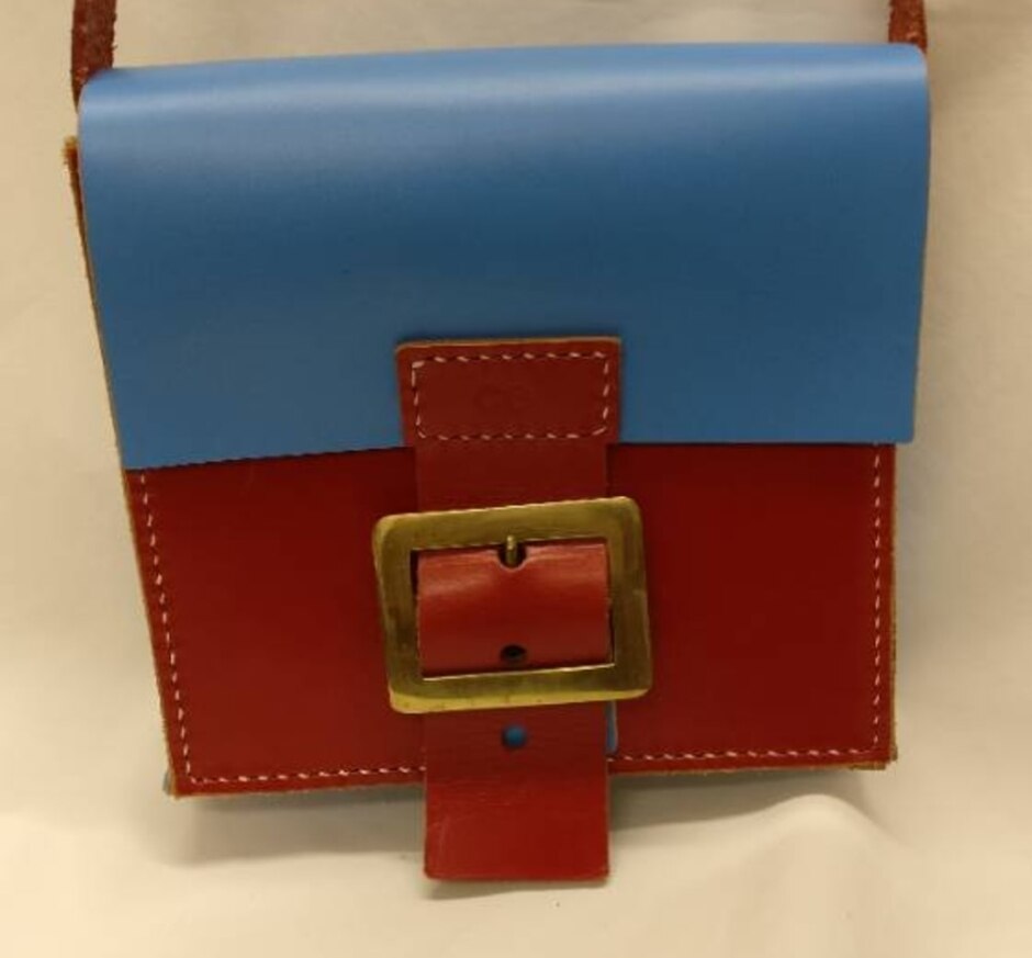Ce Catherine Edwards Blue & Red Leather Satchel With Adjustable Shoulder Strap, 25 X 25 X 7cm
