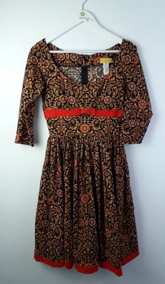 Bernie Dexter 1950s Style Cotton Dress Black & Beige Size: S
