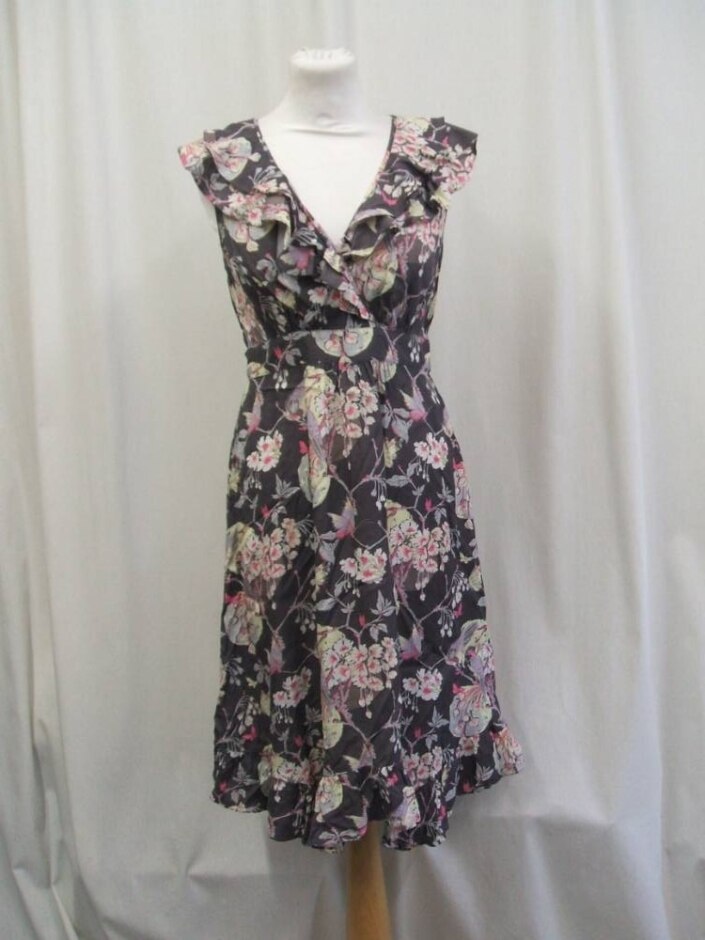 Monsoon Midi Viscose Floral Dress Grey And Pink Size: 10