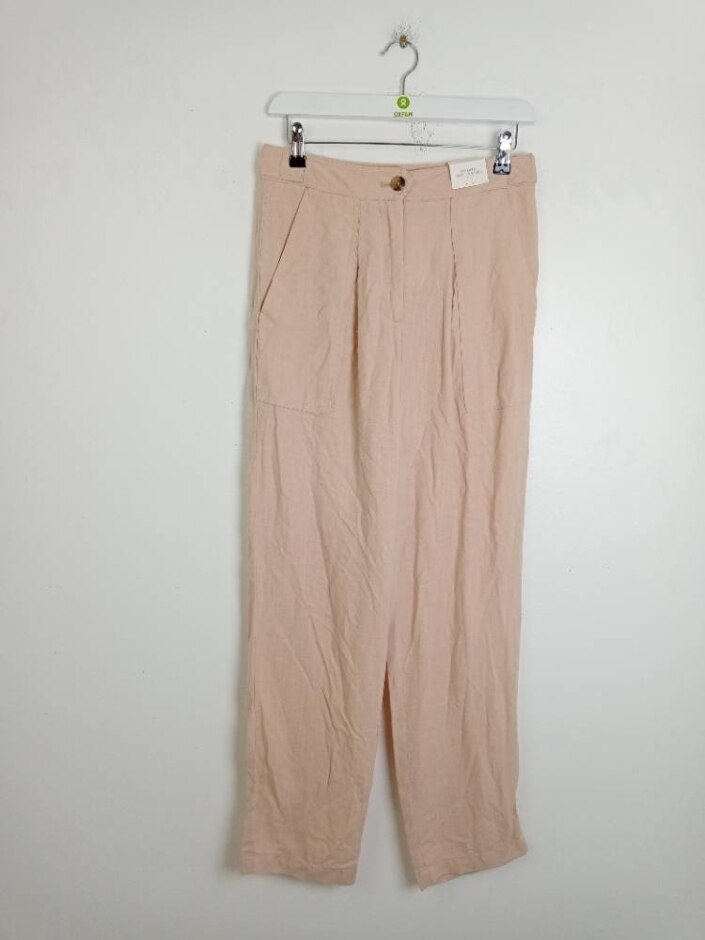 M&s Per Una Linen  Tapered Ankle Grazer Trousers Beige Size: 8