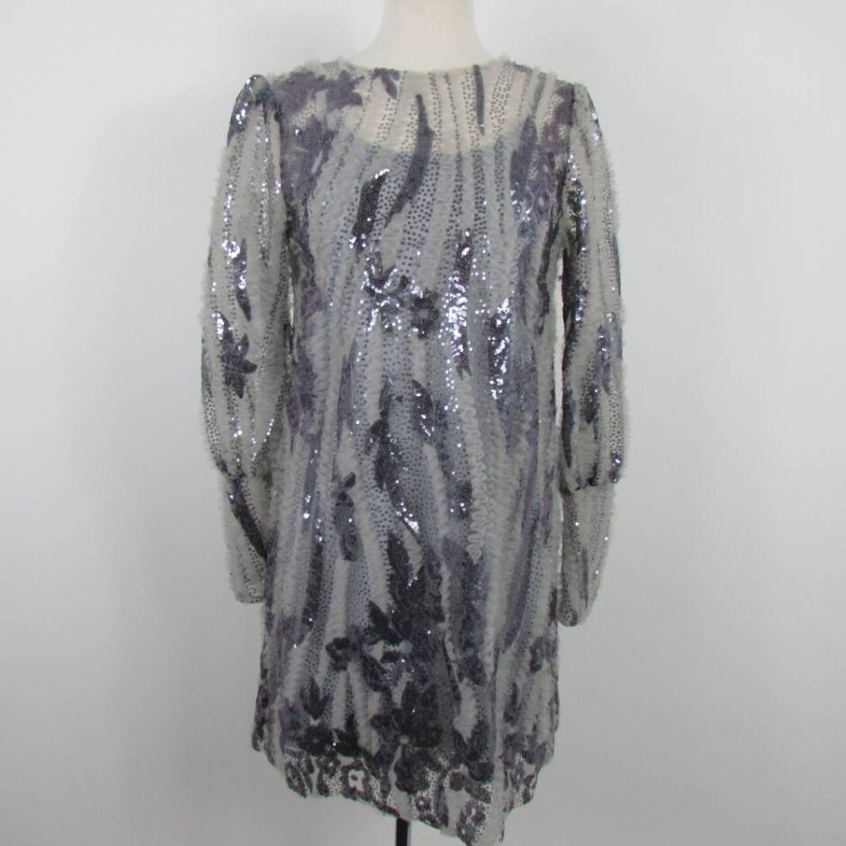 Zara Sheer Overlay Sequin Dress Grey Size: L