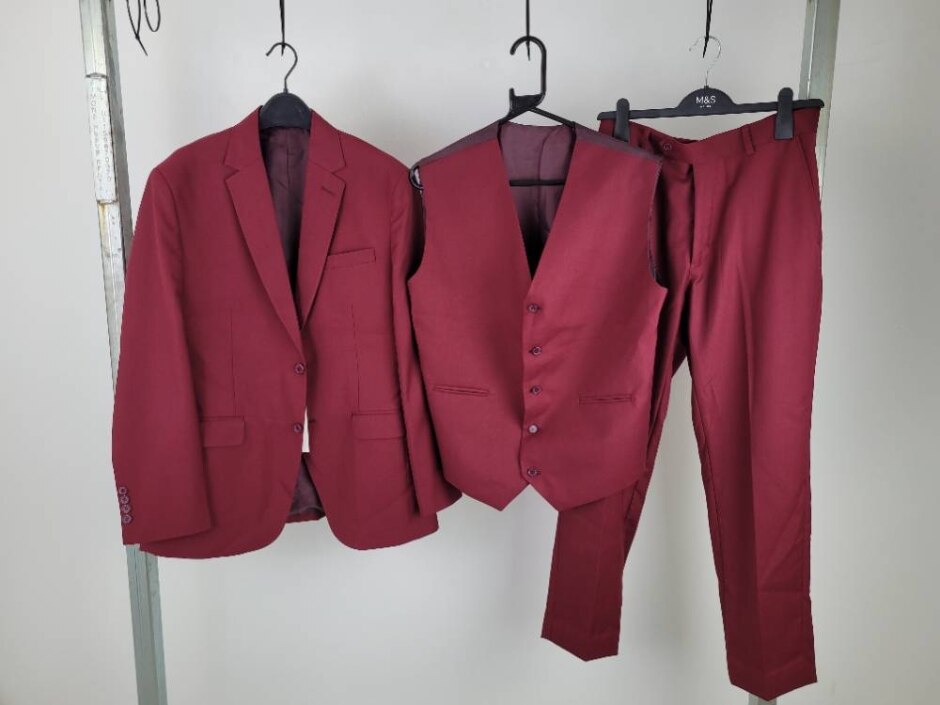 Imperial Stitch 3 Piece Suit Blazer Waistcoat Burgundy Size: S
