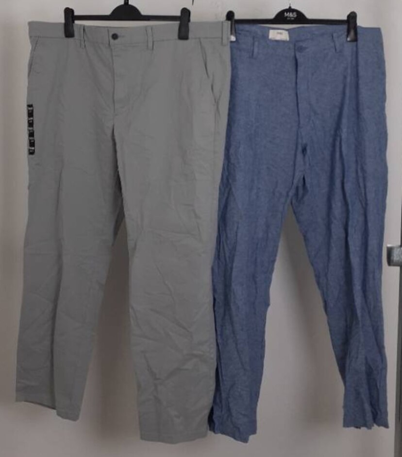 M&s Men's 2xpcs Regular Fit Linen/cotton Trousers L 31"new Blue/grey Size: 44