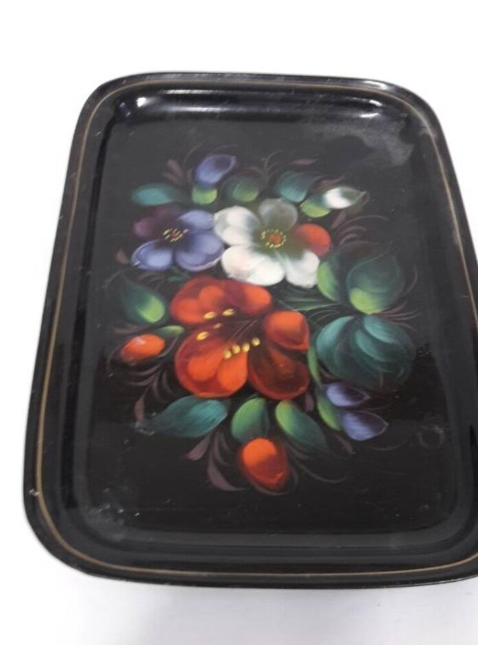 Enamel Decorated With Flowers Russian  Tray   23 X 15 Cms