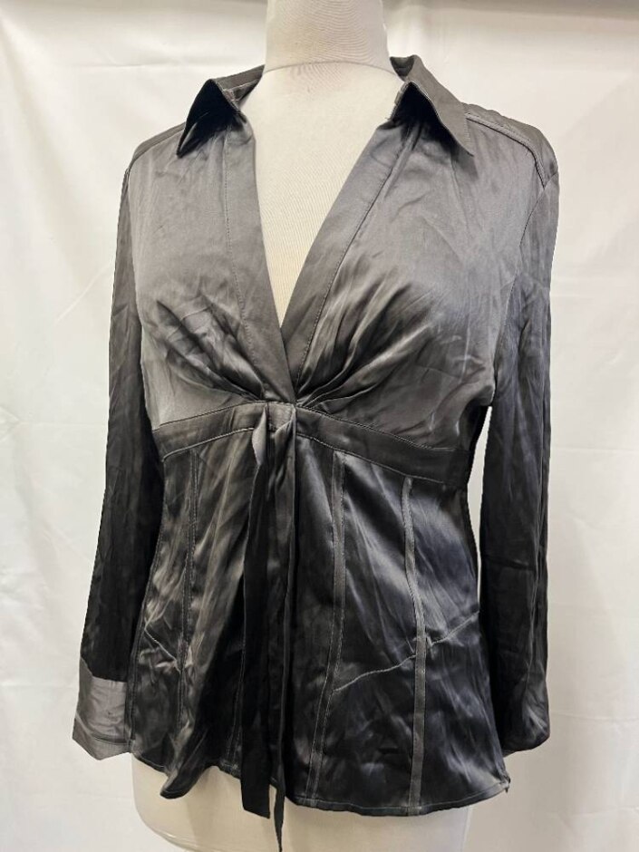 Ted Baker Silk Blend Tie Front Shirt Grey Metallic Size: 14