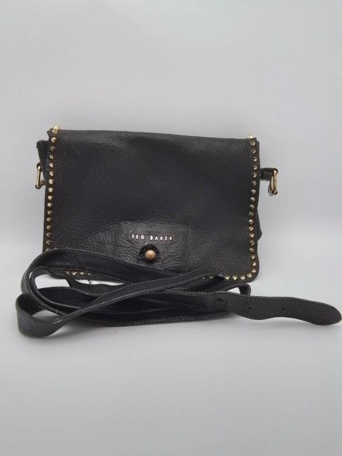 Vintage New Ted Baker Black Leather Gold Stud (hardware) Crossbody Bag 9.5'' X 7''