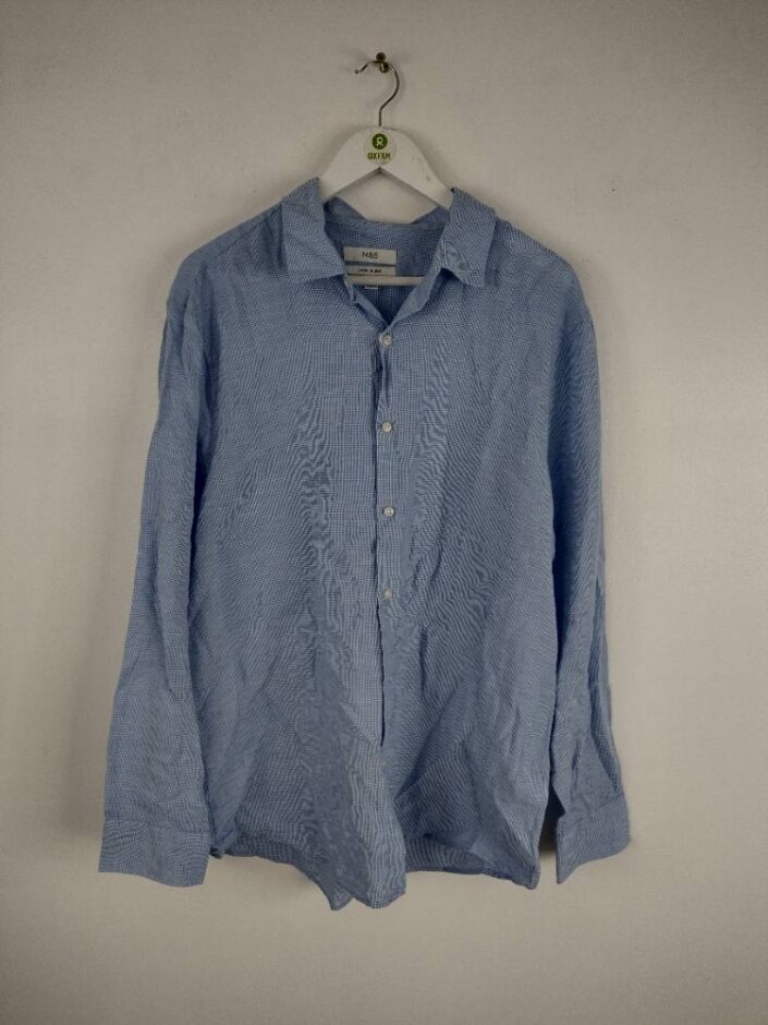 M&s Nwot Linen Blend Men's Long Sleeve Check Shirt Blue Size: Xl
