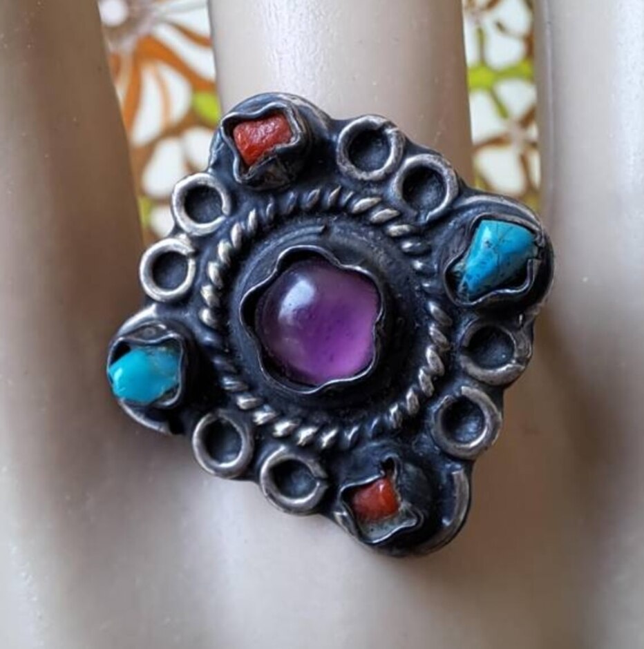 Vintage Mexican Taxco Sterling Silver With Stones Statement Baroque Ring - Size N