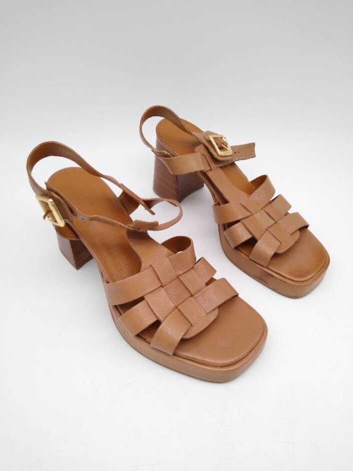 M&s Leather Strap Platform Block Heel Sandals In Brown Size 7 New