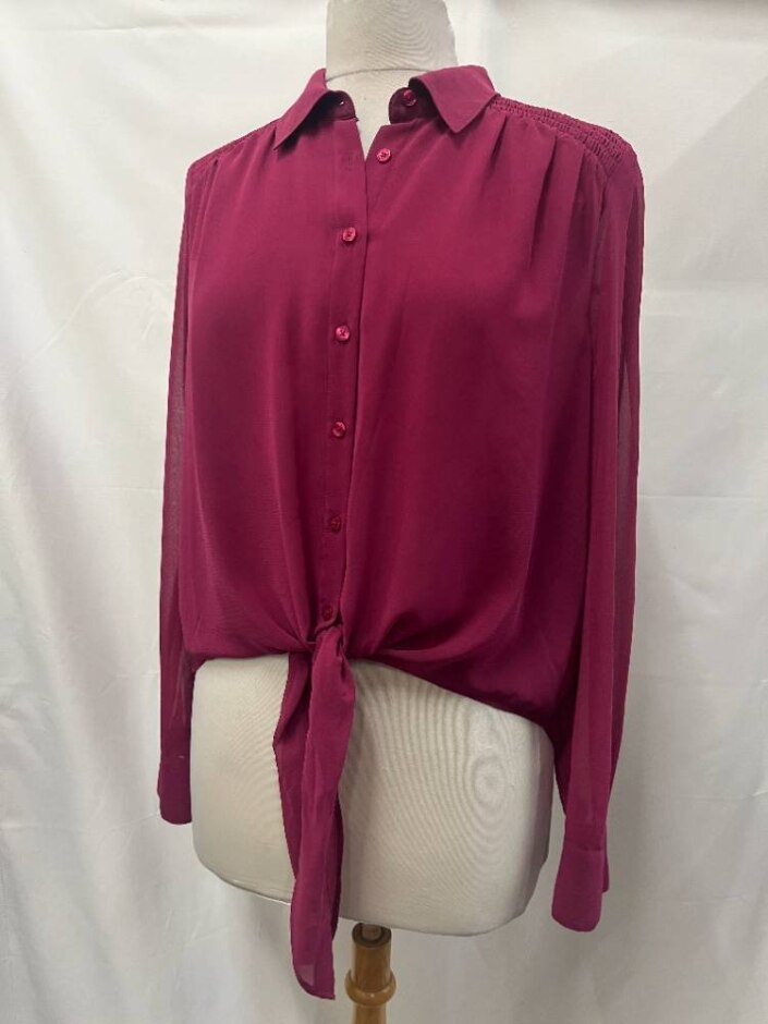 Calvin Klein Tie Front Button-up Blouse Burgundy Size: M