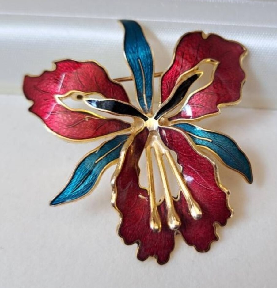 Vintage Orchid Tropical Flower Cloisonne Gold Tone Enamel Brooch