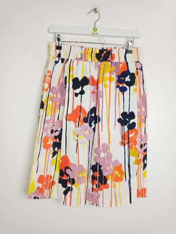 Cos Linen Blend Women's Abstract Print Skirt Waist:28" White/yellow Size: M