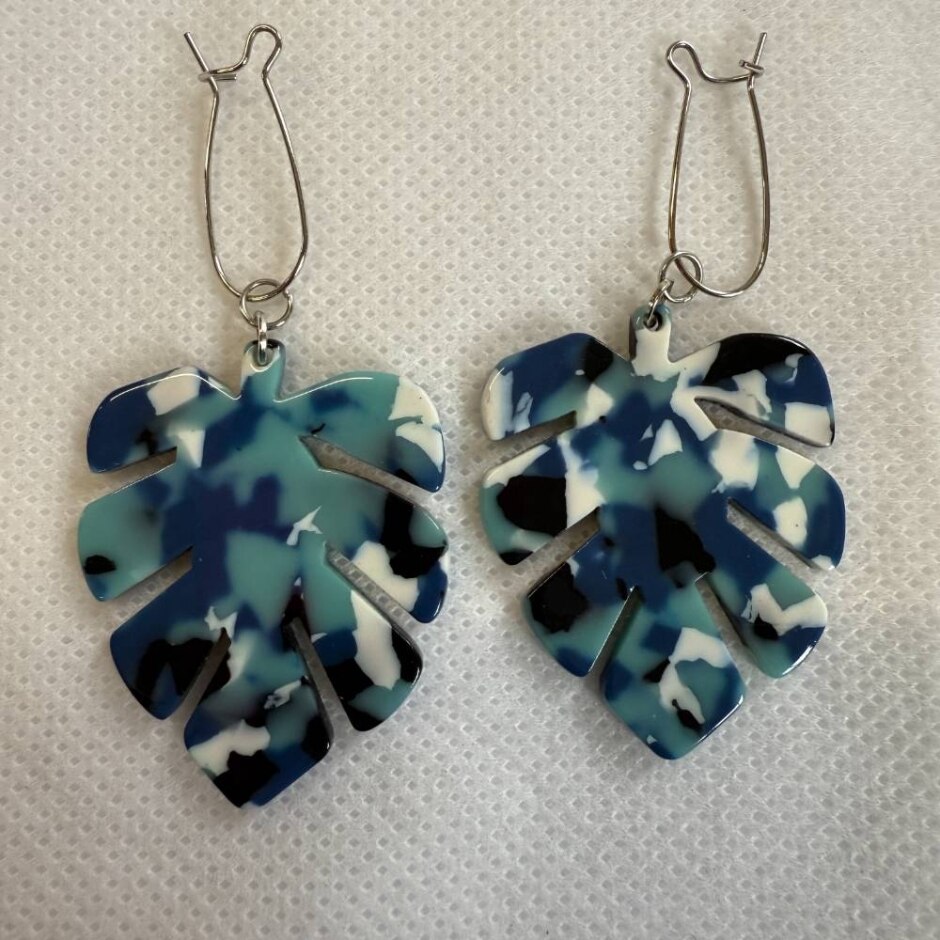Blue Camo Monstera Leaf Earrings