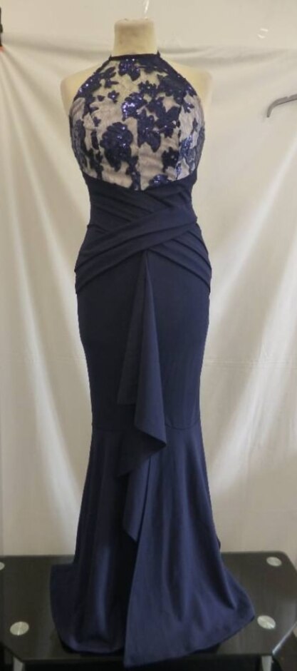 Lipsy Sequin, Lace Ruffle Maxi Dress Navy Blue Size: 6