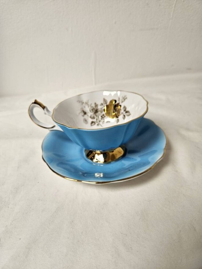 Queen Anne Blue With Gold Roses Wide Mouth Teacup And Saucer