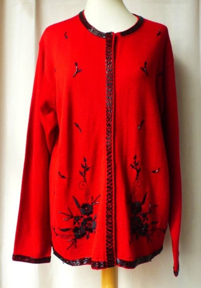 Jumper Y2k Bead Embroidered Cardigan Red Size: L