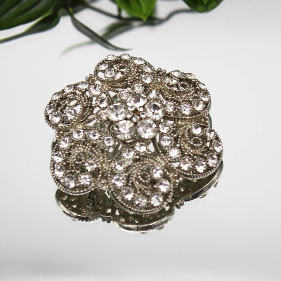 Vintage 1950s/60s Silver Tone Rhinestone Encrusted Filigree Flower Convertible Brooch / Pendant