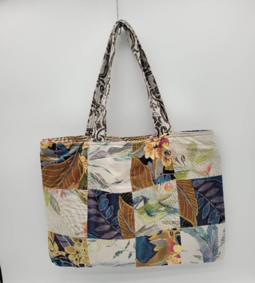 Oxfam X Loom Reversible Tote Bag Exclusive Upcycled Collection Blue Yellow Purple Leaves Floral