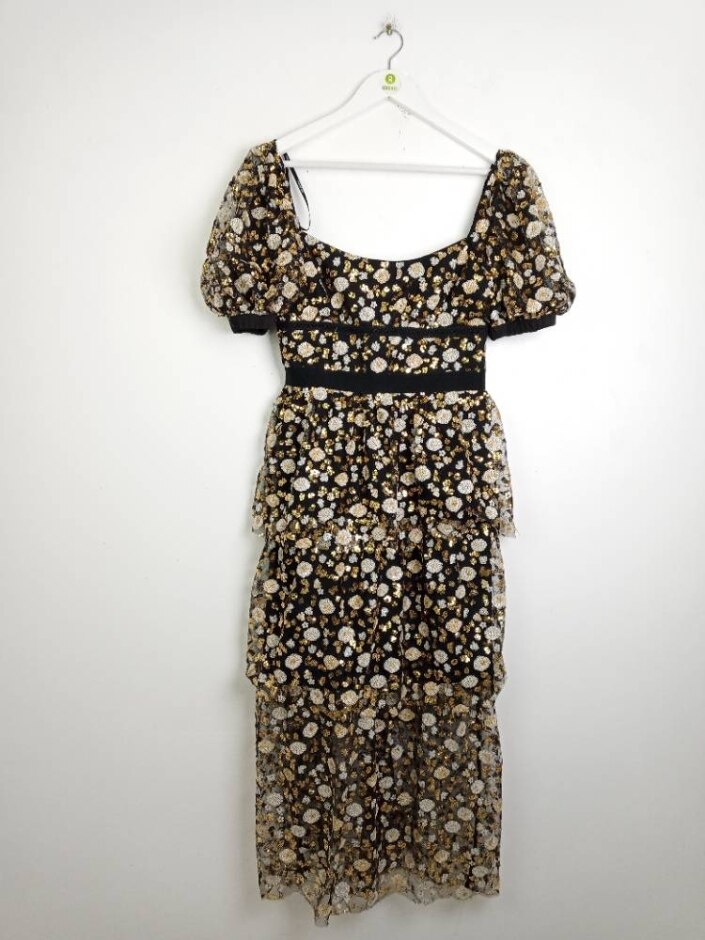Self-portrait Sequined Tiered Midi Dress Black Multi Size: 10
