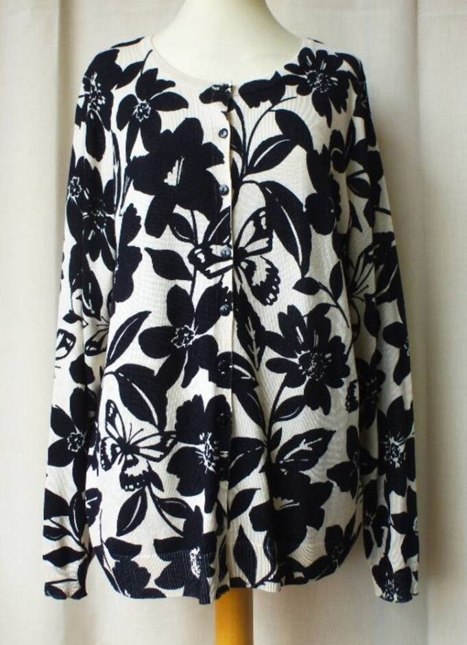 F&f Floral Fine Knit Cardigan Monochrome Size: 18
