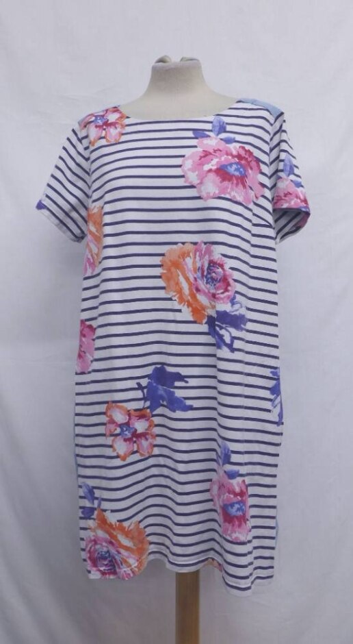 Joules Striped Cotton Floral Dress White & Pink Size: 18