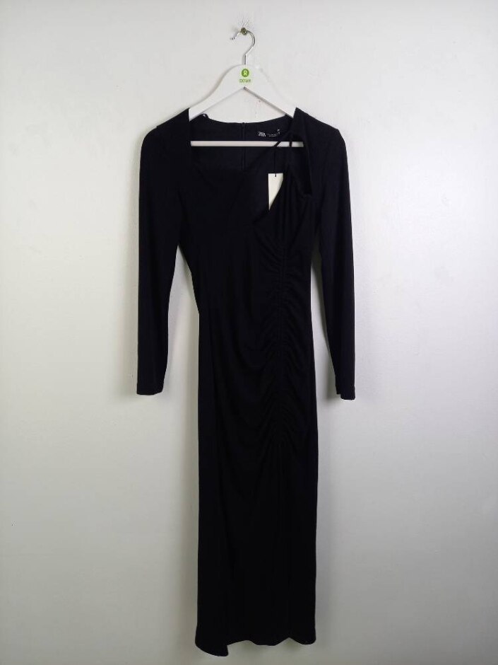 Zara New With Tags Women's Gathered Long Dress Black Size: S