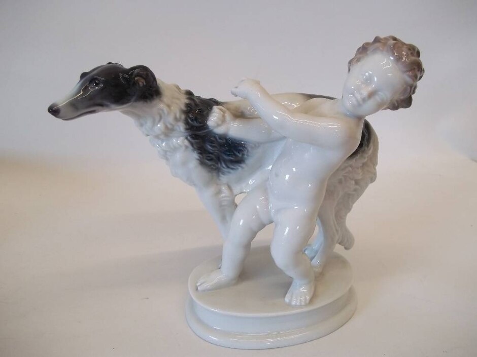 Vintage Rosential Selb Porcelain Boy (cherub) With Borzoi Dog Figurine