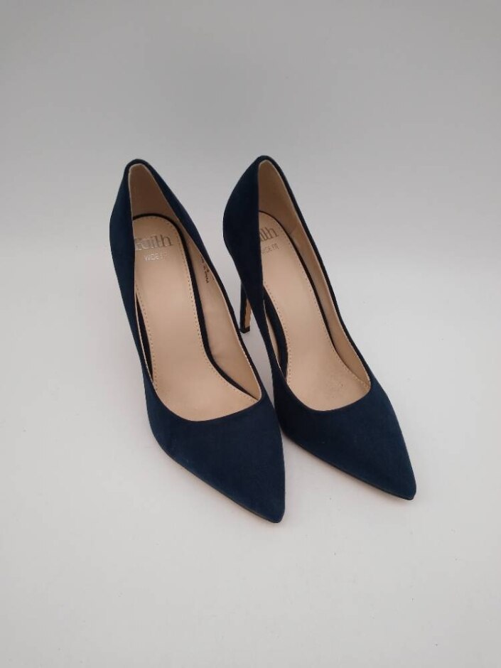 Faith Women's Wide Fit Suede Pointed Toe Heeled Court Shoes In Navy Blue Size 5