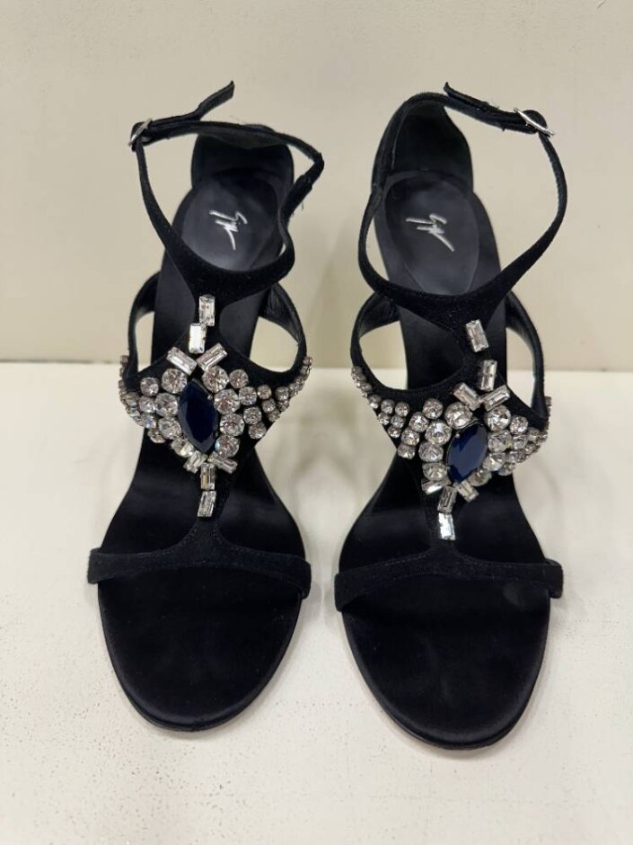 Giuseppe Zanotti Black Suede Strappy High Heels Adorned With Navy And White Crystals Size 41