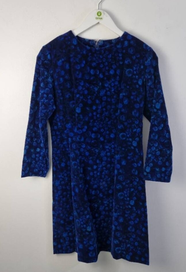 Handmade Vintage Dress 60s Retro Mod Velvet Print Blue Size: S