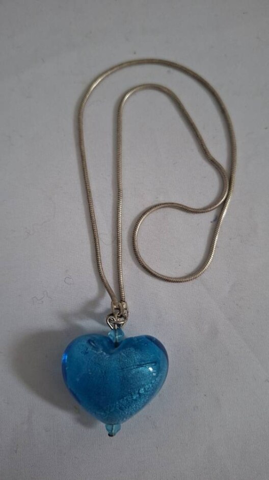Silver 925 Blue Large Glass Heart Pendant Necklace Preloved