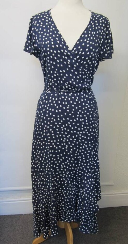 Fashion Polka Dot Wrap Dress Navy & White Size: L