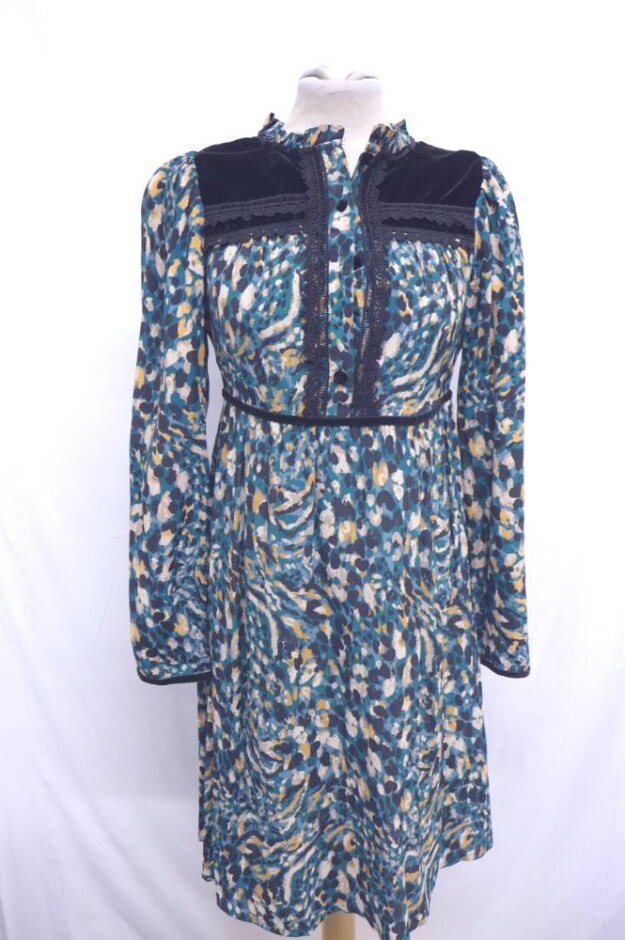 Monsoon High Waist Lacy River Dress Teal & Gold Size: 8