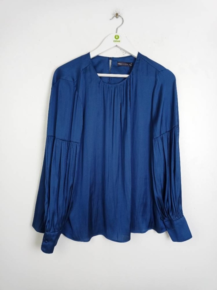 M&s Marks & Spencer Satin Long Sleeve Blouse Blue Size: 14
