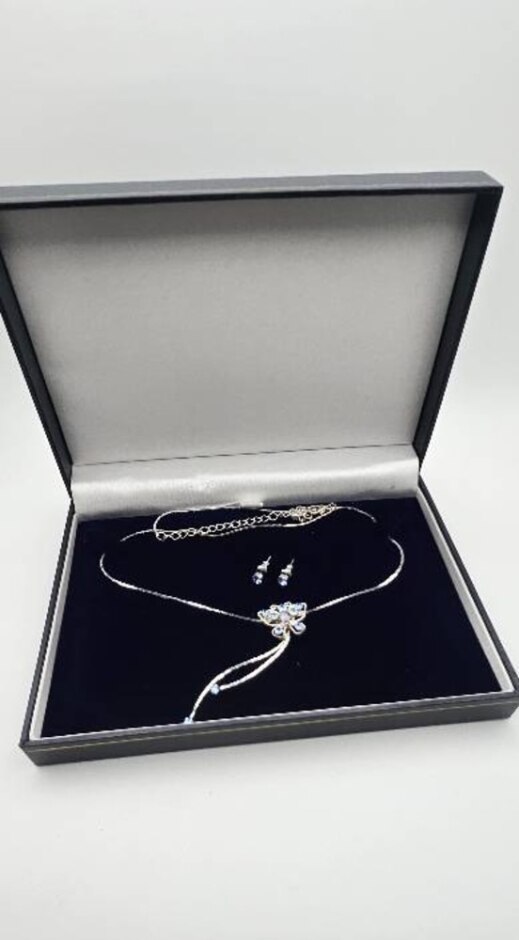 Costume Jewellery Silver Tone Set Necklace Butterfly & Earrings Blue Stone