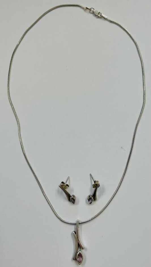 Stunning Amethyst And Sterling 925 Silver Earring And Necklace Set