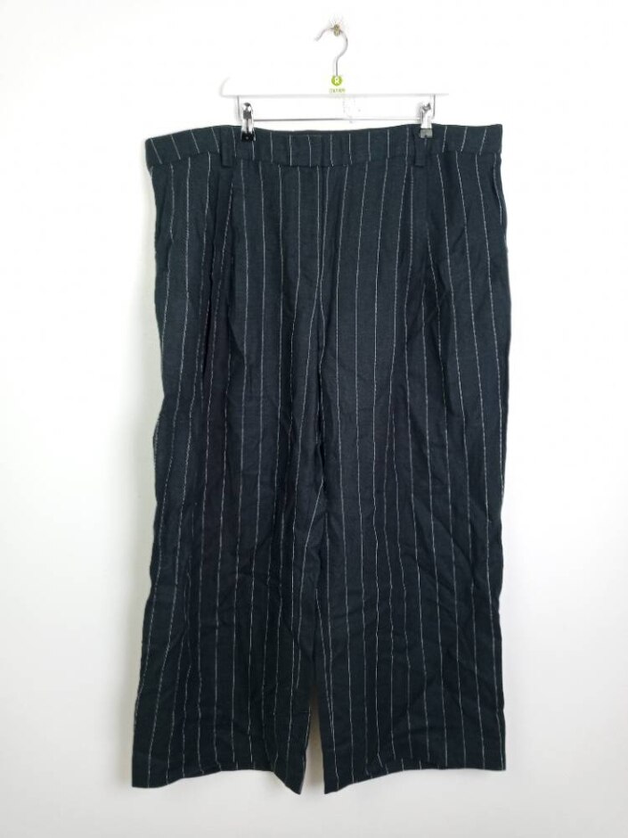M&s Autograph Linen Wide Leg Trousers Black Pinstripe Size: 24