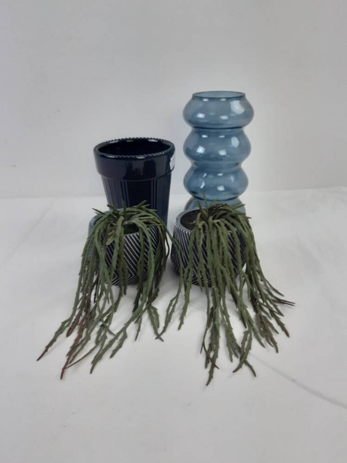 M&s Bundle X 4 Blue Black Vase, Plant Pot & 2 X Artificial Plants New