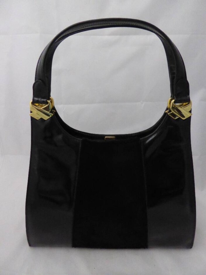 Vintage 1960s Meadows Norwich Black Patent And Faux Fur Handbag