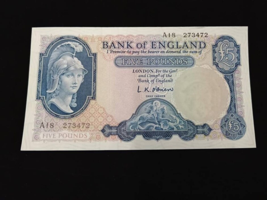 O'brien 1950s Era Five Pound Note Serial Number A18 273472 - Uncirculated