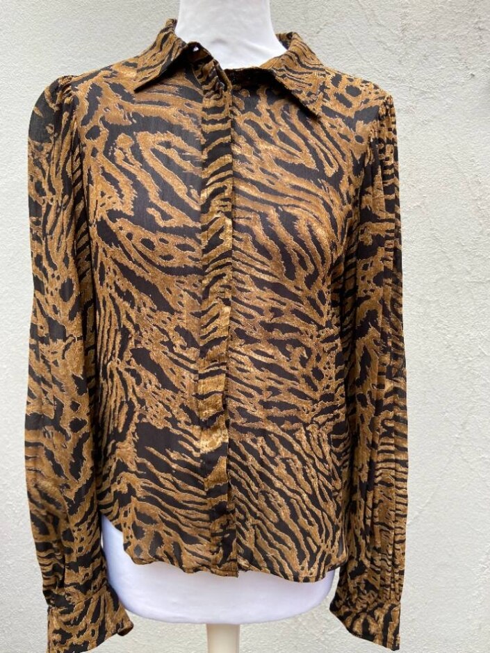 Ganni Semi Transparent Blouse Dark Tigerprint Size: 8